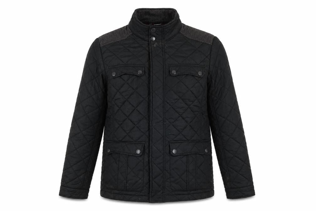 Front view of Maine New England men’s black quilted jacket, size S, zip