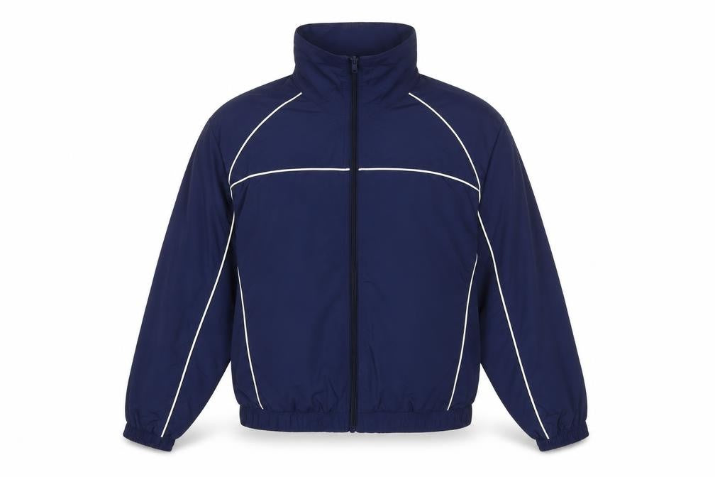 Front view of Divided men’s blue rain coat jacket, size S, zip