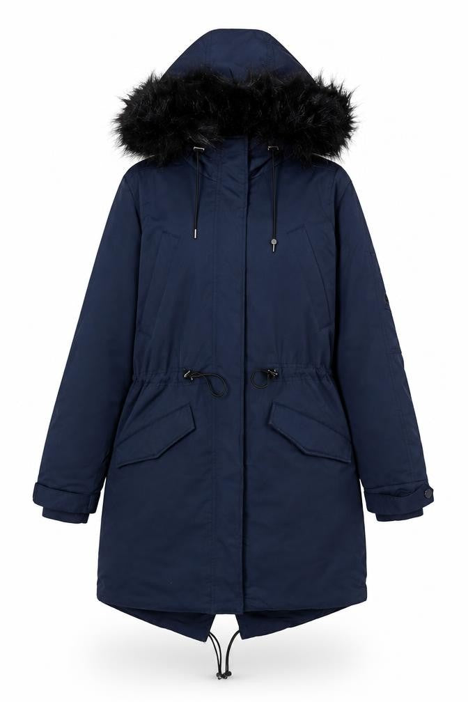 Front view of H&M women’s blue rain coat coat, size UK 8, zip