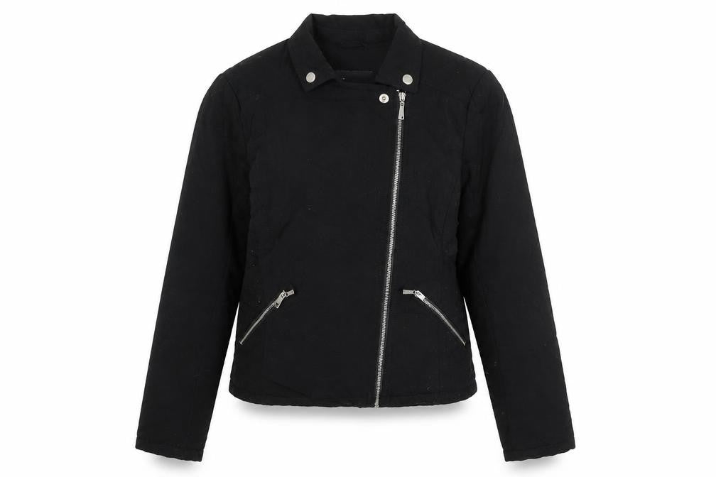 Front view of Dorothy Perkins women’s black biker coatigan, size UK 12, zip