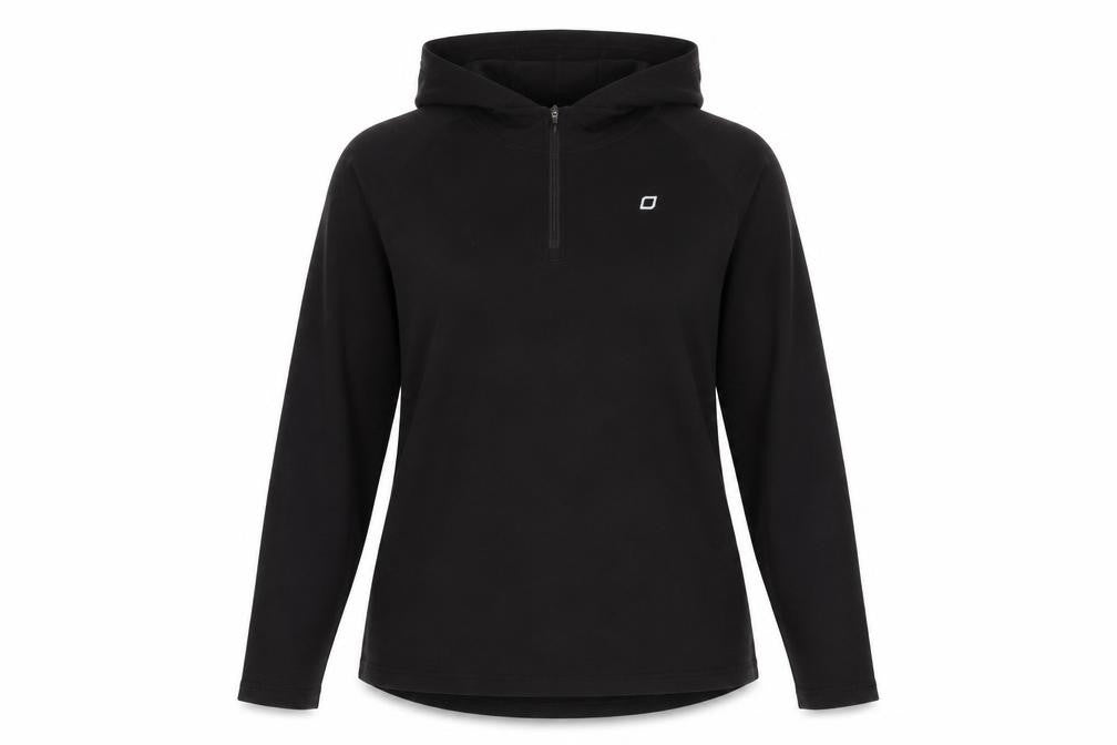 Front view of Laura Jane Active. women’s black nylon pullover hoodie, size XL