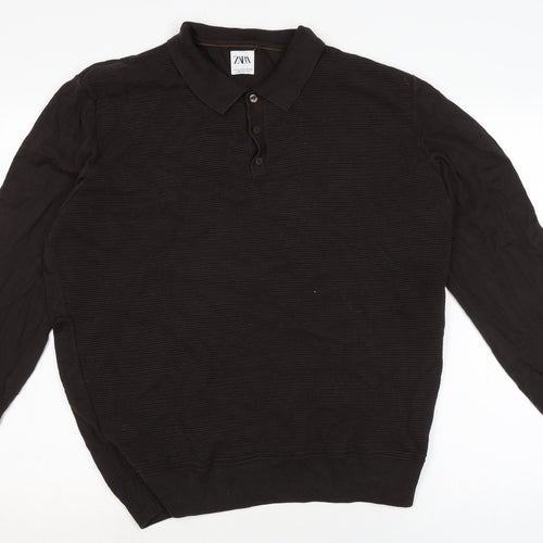 Zara Mens Brown Collared Cotton Henley Jumper Size XL Long Sleeve