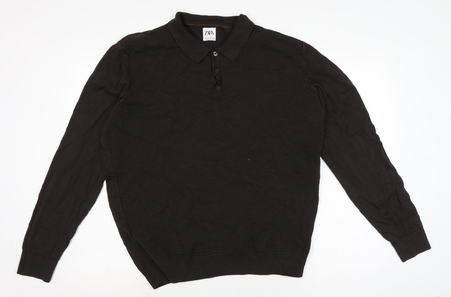 Zara Mens Brown Collared Cotton Henley Jumper Size XL Long Sleeve