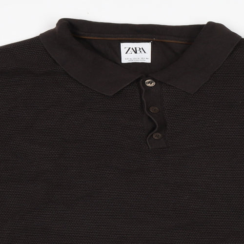 Zara Mens Brown Collared Cotton Henley Jumper Size XL Long Sleeve