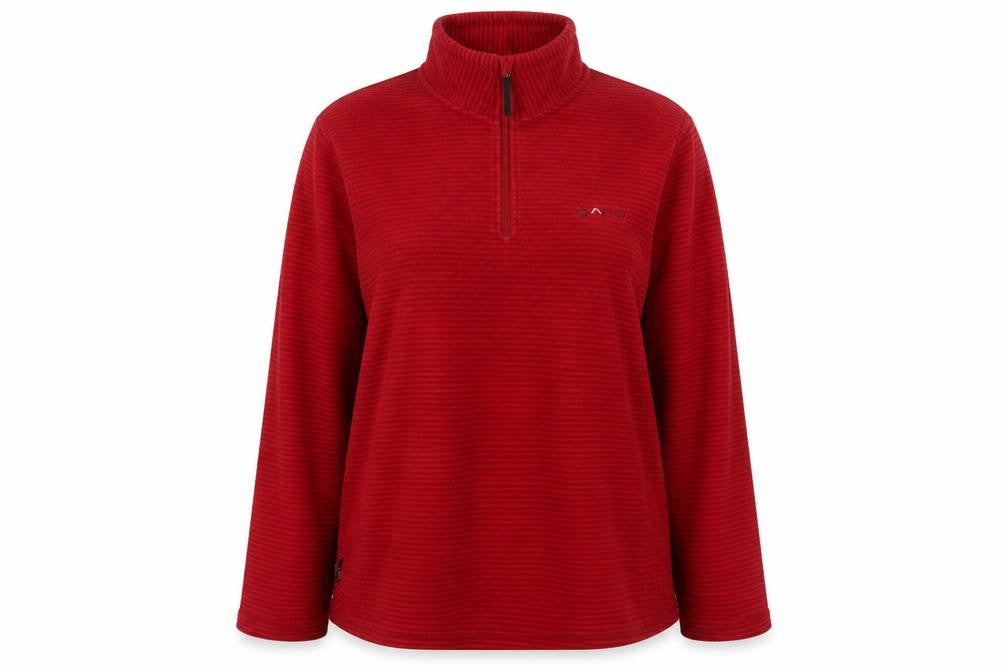 Front view of granite women’s red mock neck polyester jumper, size UK 18