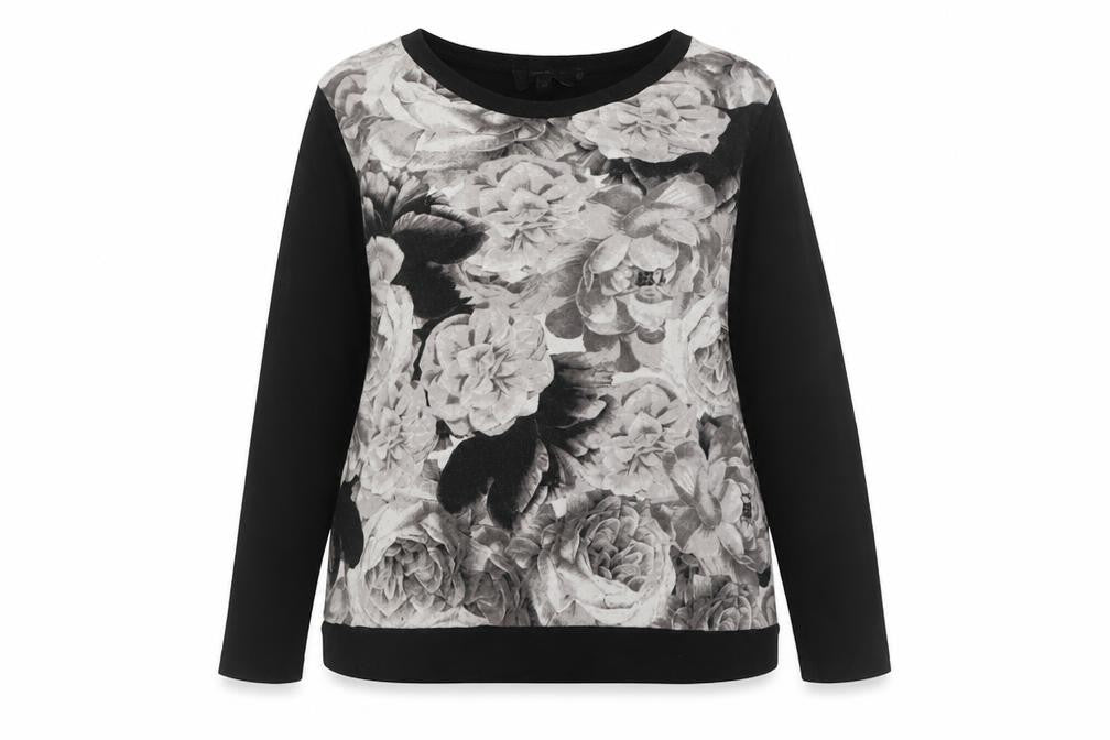 Front view of Next women’s black floral cotton pullover sweatshirt, size UK 20