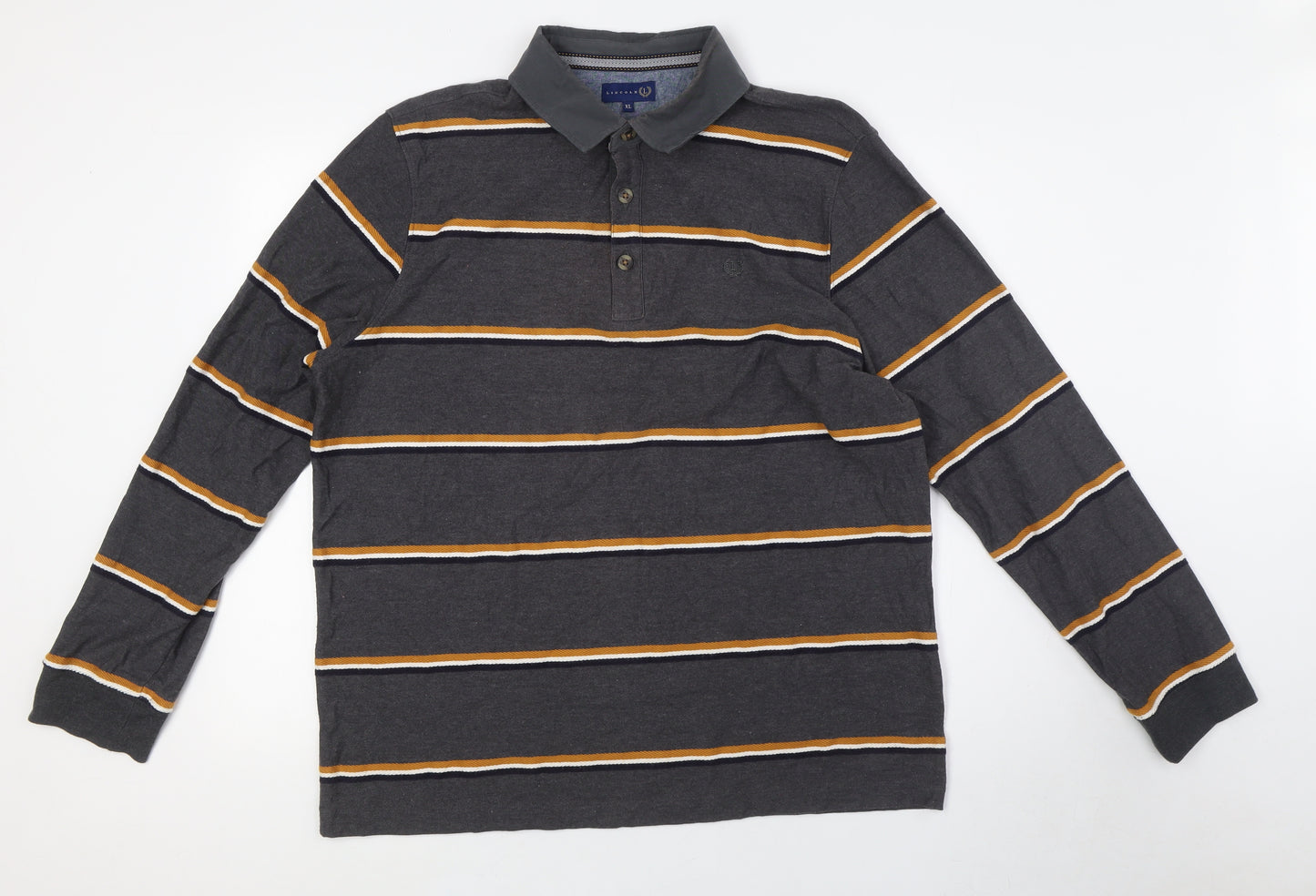 Lincoln Mens Grey Striped Cotton Button-Up Size XL Collared - Yellow, Navy