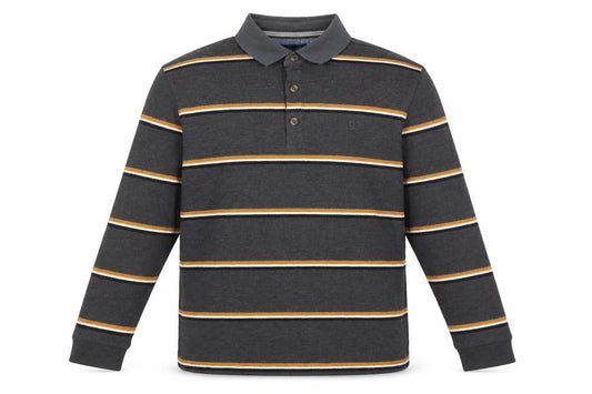 Front view of Lincoln men’s grey striped cotton button-up, size XL, collared - yellow, navy