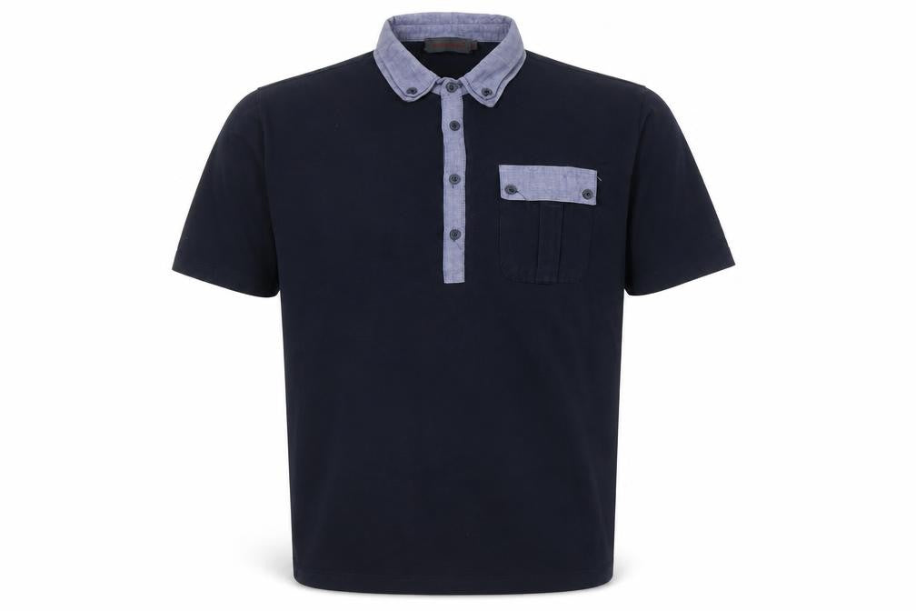 Front view of Rough Justice men’s blue cotton button-up, size M, collared