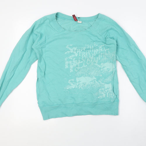 Divided by H&M Womens Green Paisley Cotton Basic Button-Up Size 10 Round Neck - Raw Collar