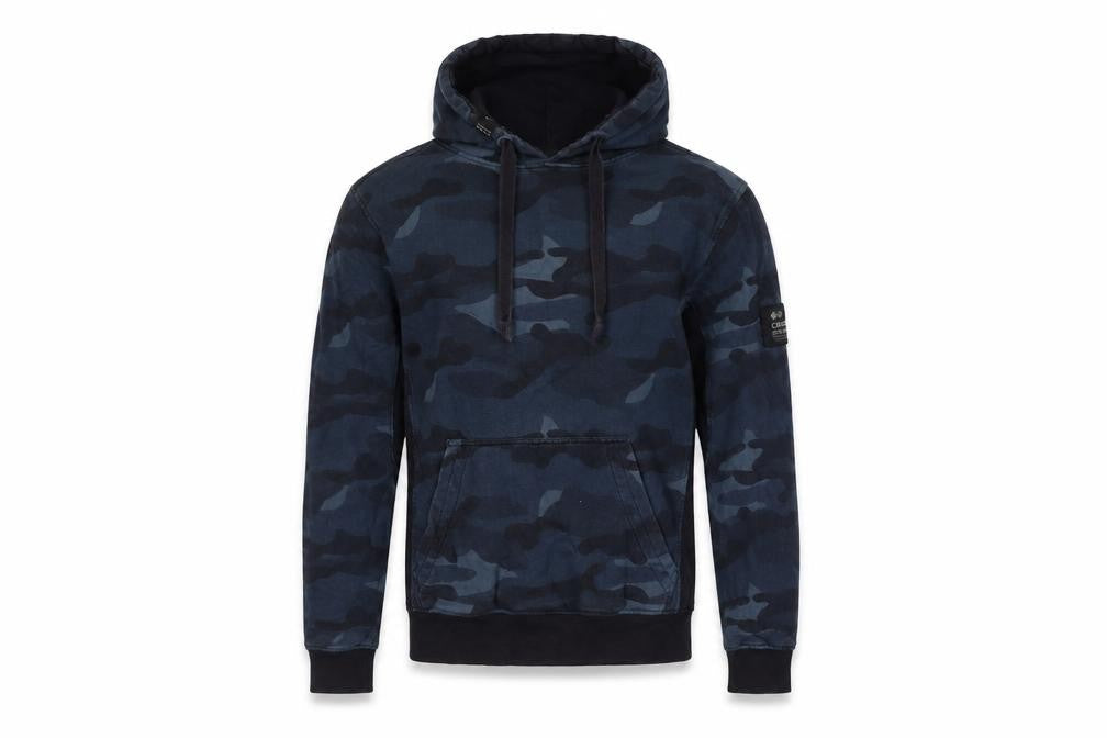 Front view of Crosshatch men’s blue camouflage cotton pullover hoodie, size M