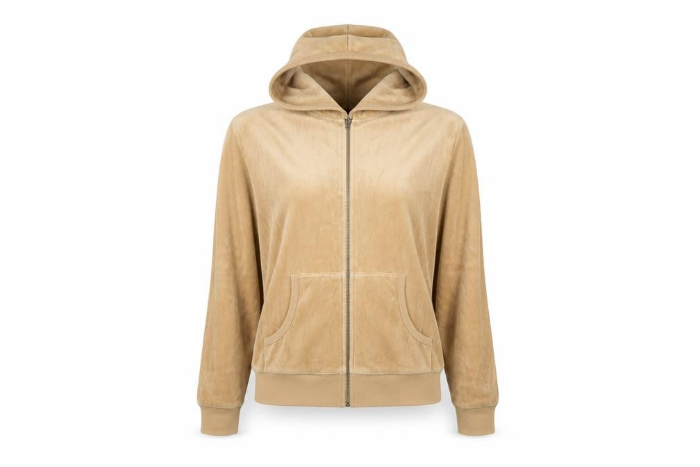 Front view of Moda International women’s brown jacket, size L, zip