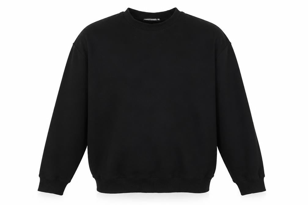 Front view of ASOS men’s black cotton pullover sweatshirt, size S