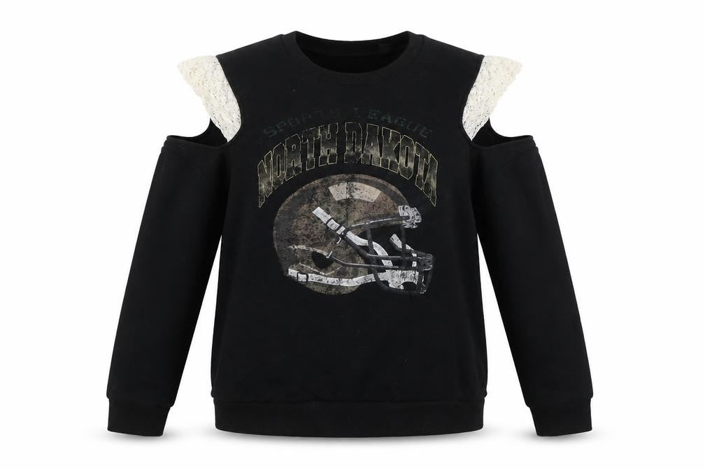 Front view of Topshop women’s black cotton pullover sweatshirt, size UK 8, - cold shoulder