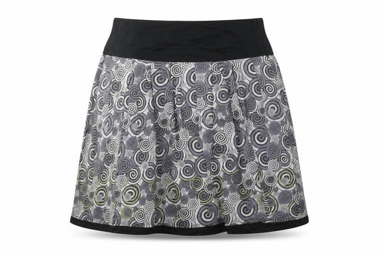 Front view of HIJKLMVWXYZ women’s grey cotton a-line skirt, size UK 14, zip - swirl pattern