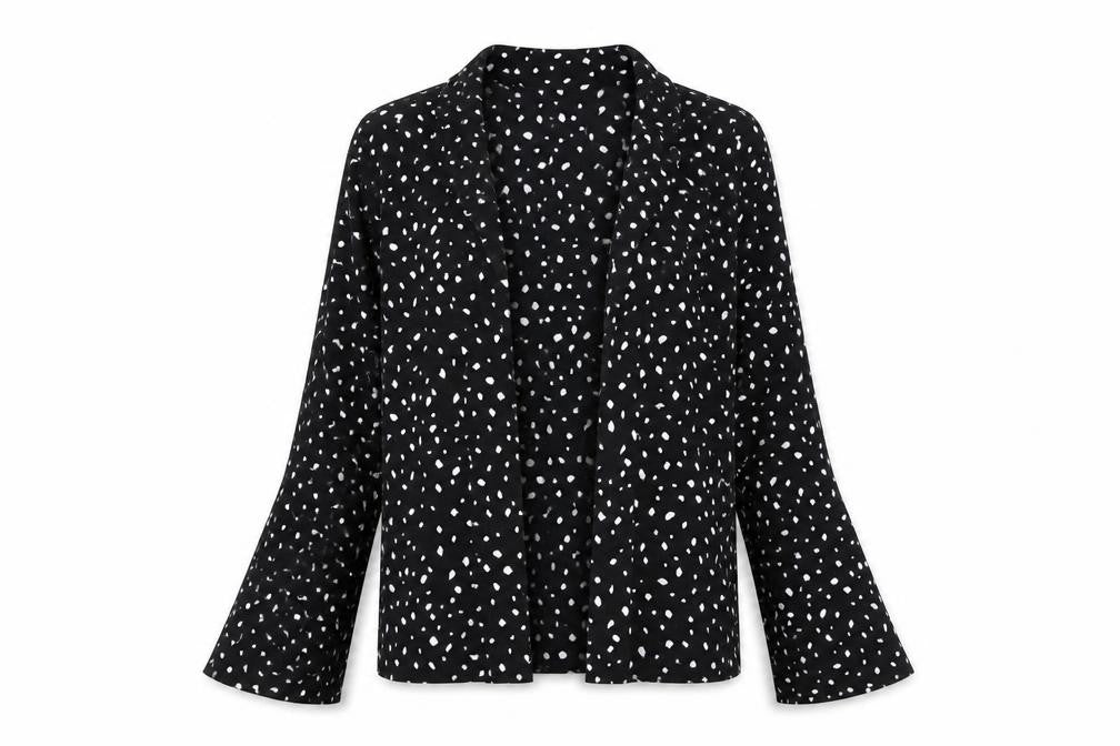 Front view of ASOS women’s black polyester basic button-up, size UK 10, v-neck - open front