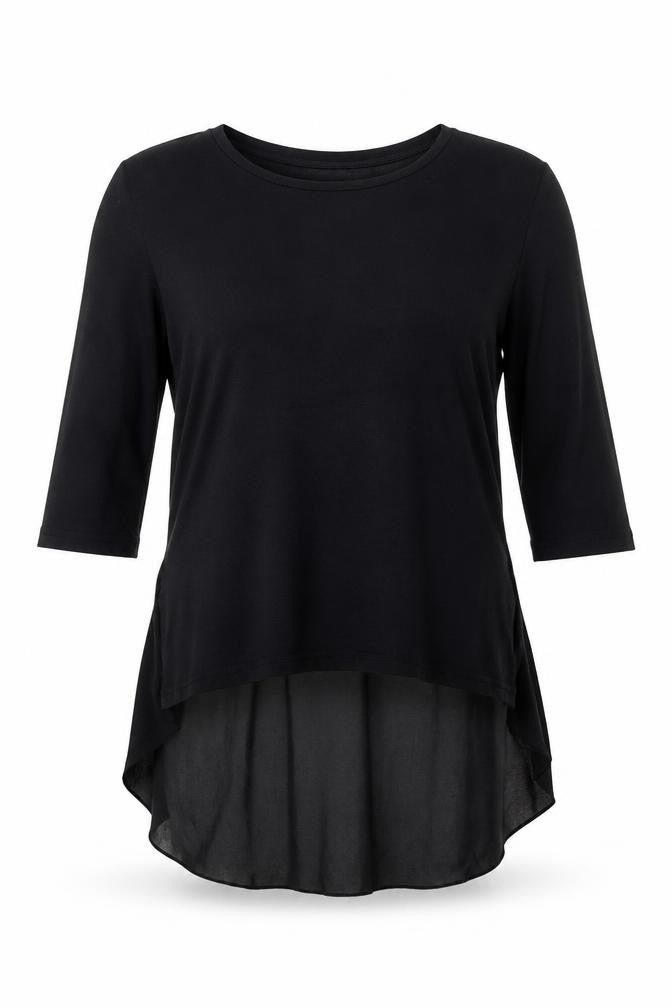 Front view of Miss Charm women’s black cotton basic button-up, size M, boat neck - sheer, size M-l