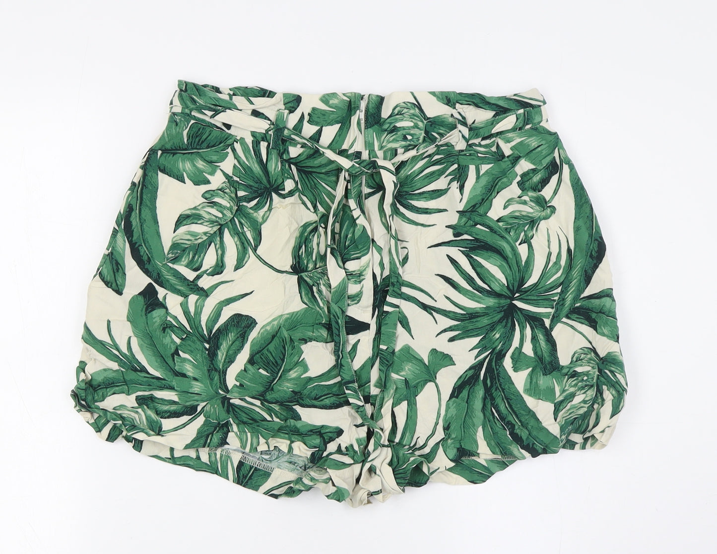 H&M Womens Green Viscose Basic Shorts Size 10 L3 in Regular Zip - Leaves