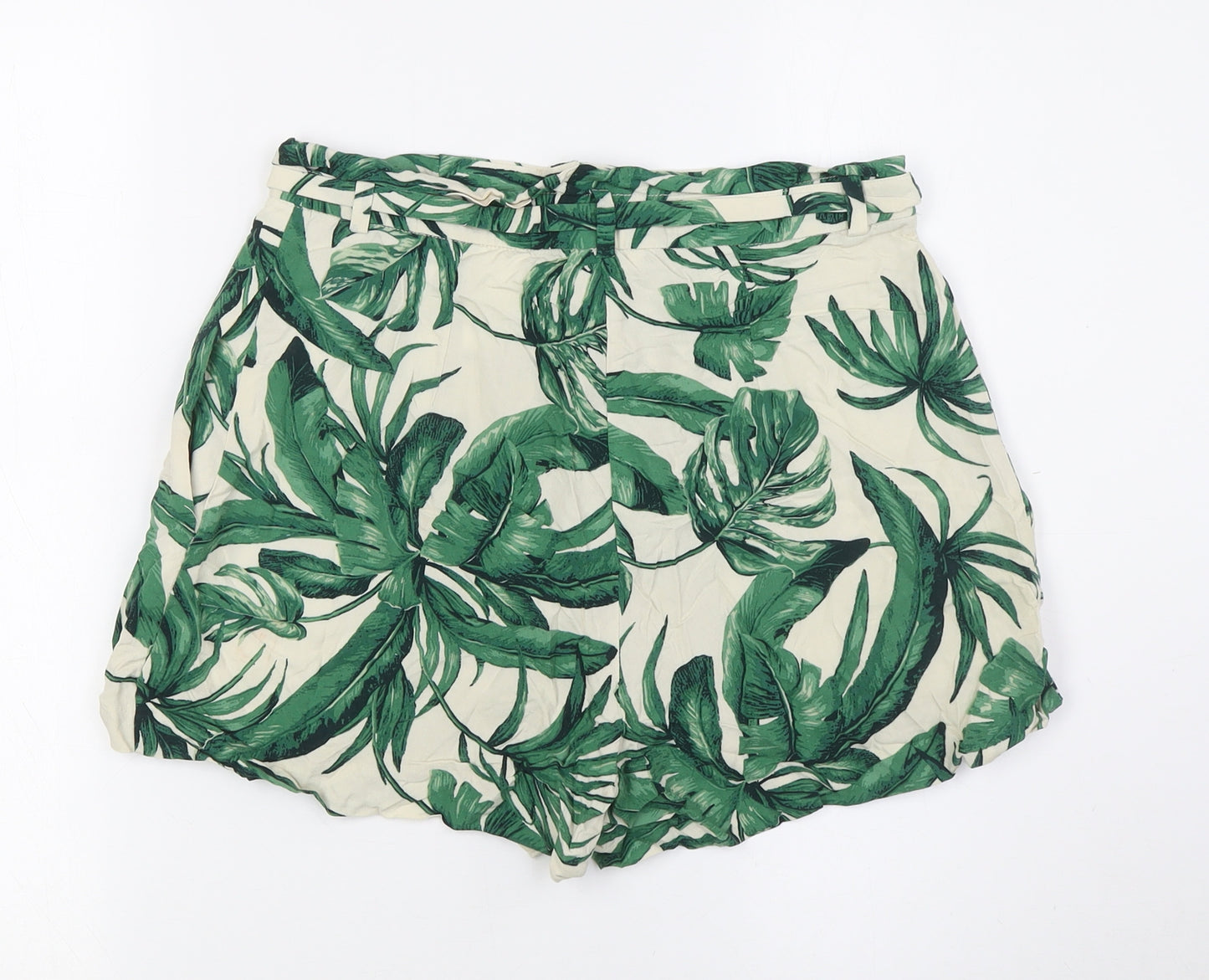 H&M Womens Green Viscose Basic Shorts Size 10 L3 in Regular Zip - Leaves