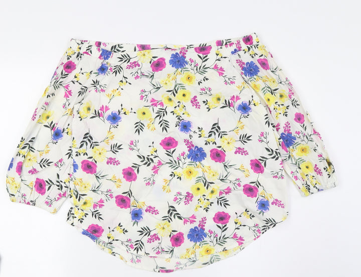 New Look Womens Multicoloured Floral Cotton Basic Button-Up Size 10 Off the Shoulder
