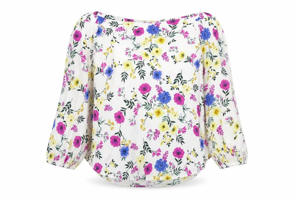 Front view of New Look women’s multicoloured floral cotton basic button-up, size UK 10, off the shoulder