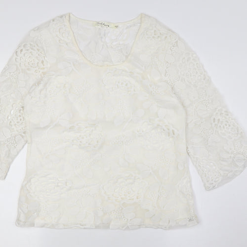 SOLITAIRE Womens Ivory Viscose Basic Button-Up Size S Round Neck - Lace Overlay