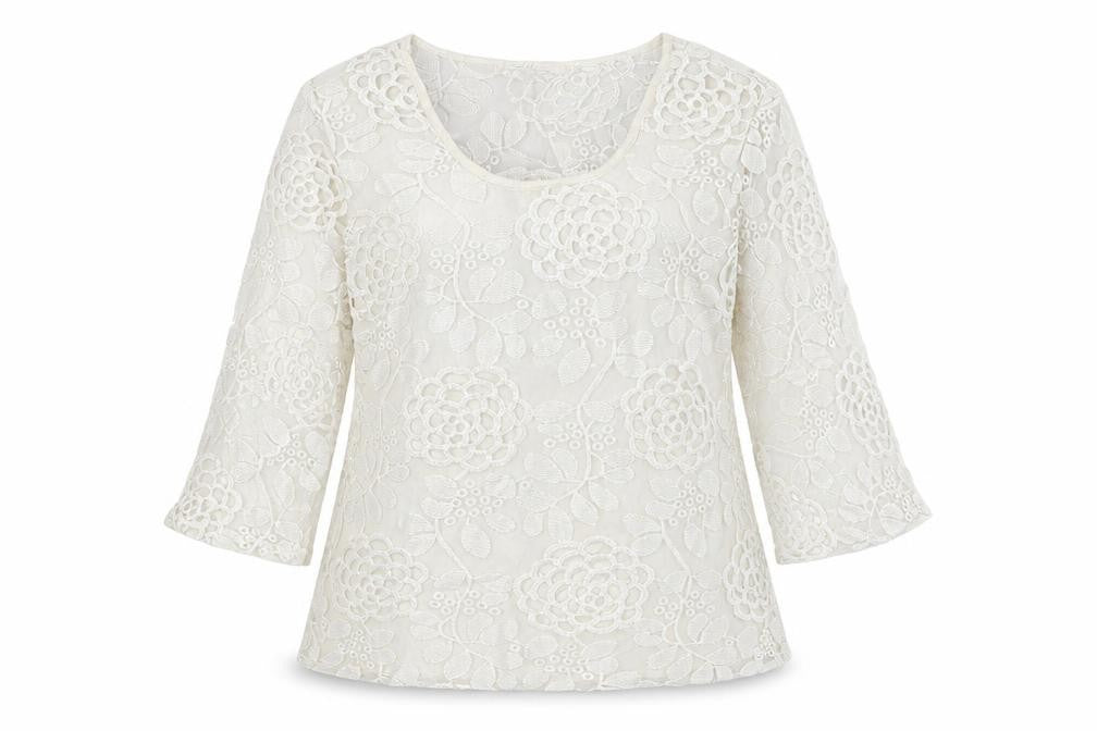 Front view of SOLITAIRE women’s ivory viscose basic button-up, size S, round neck - lace overlay