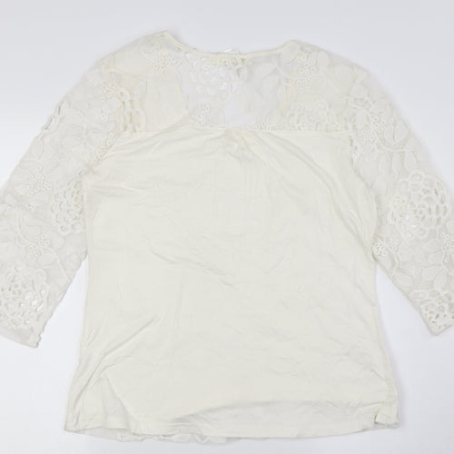SOLITAIRE Womens Ivory Viscose Basic Button-Up Size S Round Neck - Lace Overlay