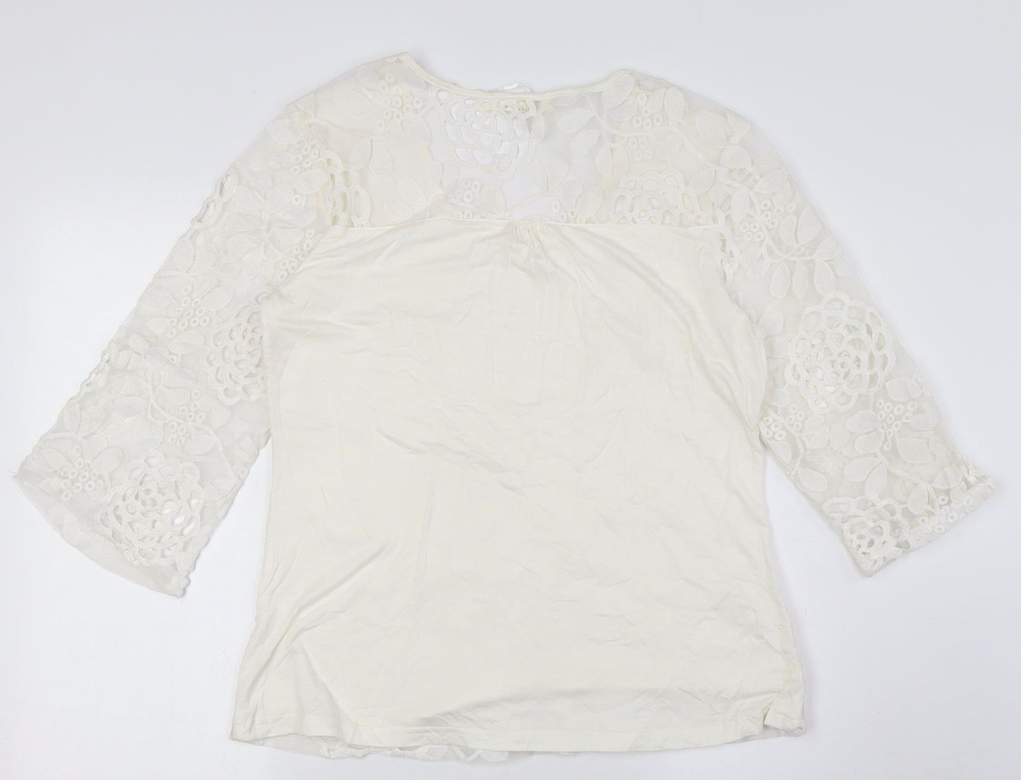 SOLITAIRE Womens Ivory Viscose Basic Button-Up Size S Round Neck - Lace Overlay