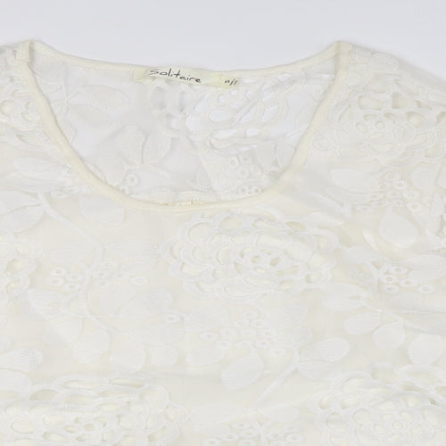 SOLITAIRE Womens Ivory Viscose Basic Button-Up Size S Round Neck - Lace Overlay