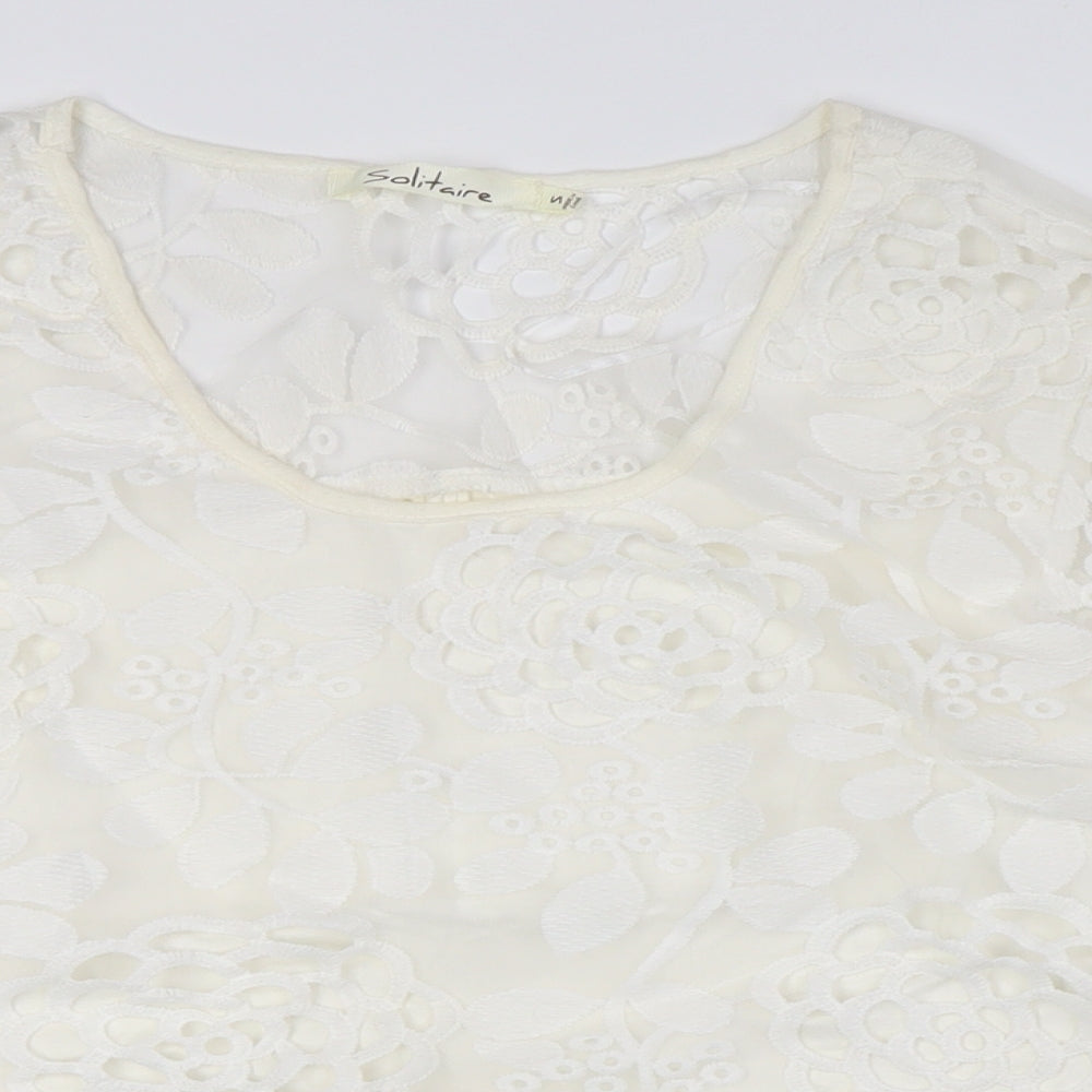 SOLITAIRE Womens Ivory Viscose Basic Button-Up Size S Round Neck - Lace Overlay