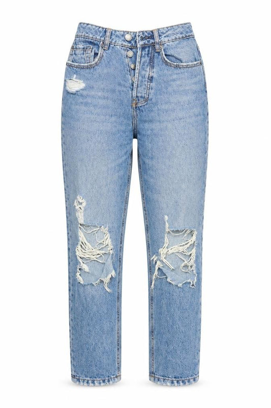 Front view of Stradivarius women’s blue cotton mom jeans, size UK 8, 25-inch leg relaxed