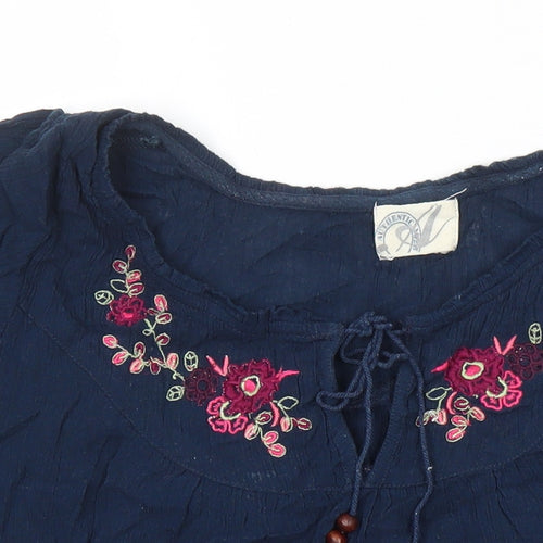BHS Womens Blue Cotton Tunic Blouse Size 14 Boat Neck - Embroidered Flowers