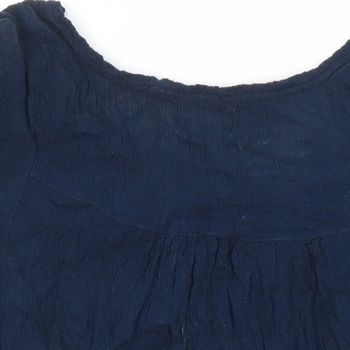 BHS Womens Blue Cotton Tunic Blouse Size 14 Boat Neck - Embroidered Flowers