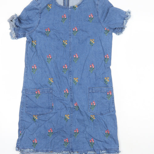 Red Herring Womens Blue Cotton Sheath Size 10 Round Neck - Embroidered Flowers
