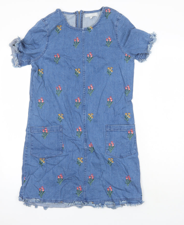 Red Herring Womens Blue Cotton Sheath Size 10 Round Neck - Embroidered Flowers