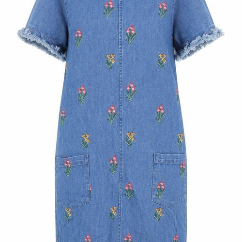 Red Herring Womens Blue Cotton Sheath Size 10 Round Neck - Embroidered Flowers