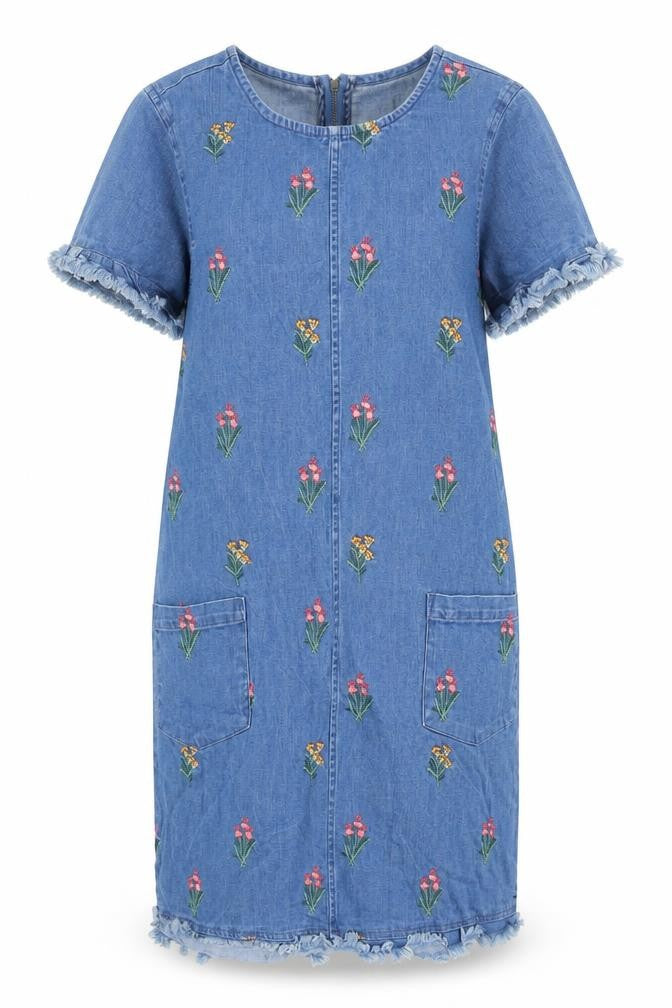 Red Herring Womens Blue Cotton Sheath Size 10 Round Neck - Embroidered Flowers