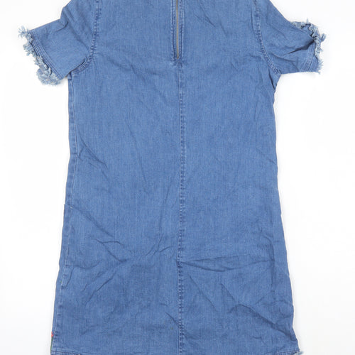 Red Herring Womens Blue Cotton Sheath Size 10 Round Neck - Embroidered Flowers