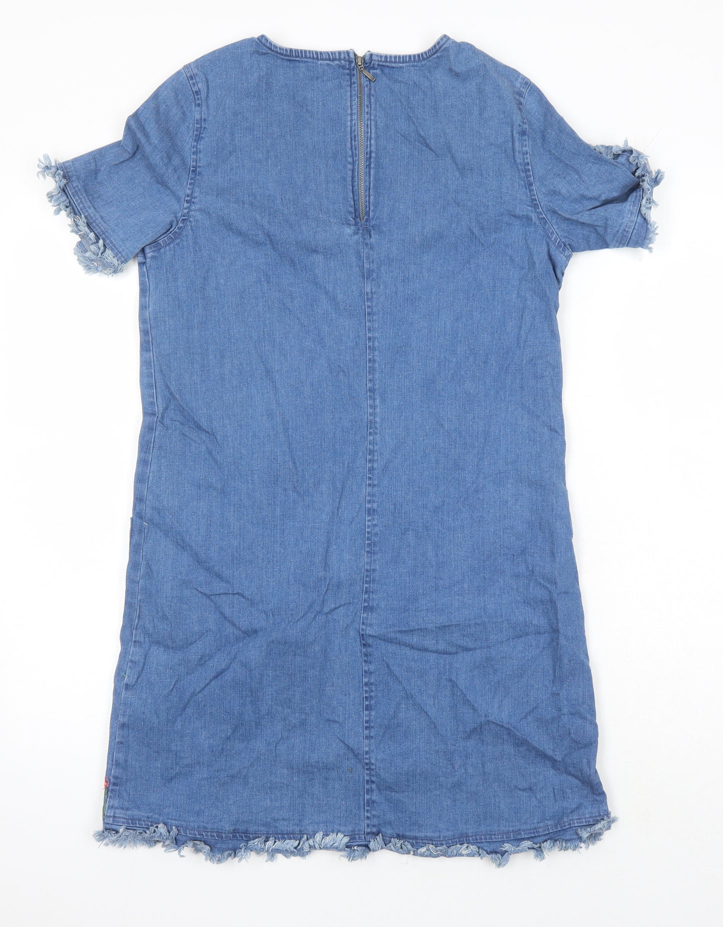 Red Herring Womens Blue Cotton Sheath Size 10 Round Neck - Embroidered Flowers
