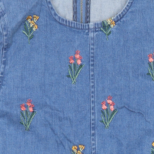 Red Herring Womens Blue Cotton Sheath Size 10 Round Neck - Embroidered Flowers