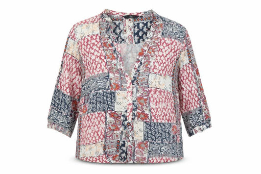 Front view of Isle Essentials women’s multicoloured geometric viscose tunic blouse, size UK 14, v-neck
