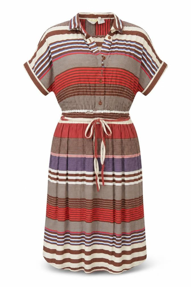 Front view of Shelena women’s multicoloured striped viscose a-line, size UK 14, collared - elasticated waist