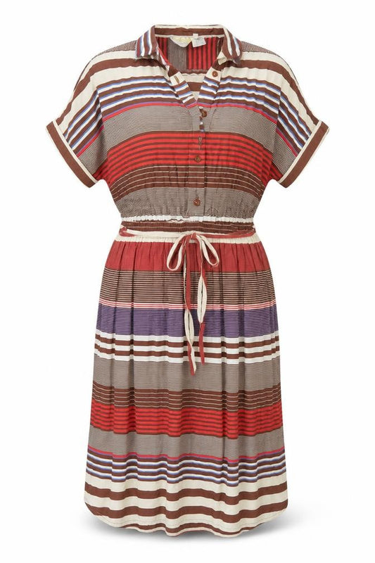 Front view of Shelena women’s multicoloured striped viscose a-line, size UK 14, collared - elasticated waist