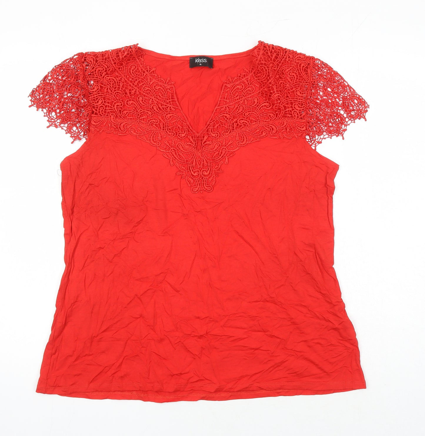 Klass Womens Red Viscose Tunic T-Shirt Size XL V-Neck - Lace Trims