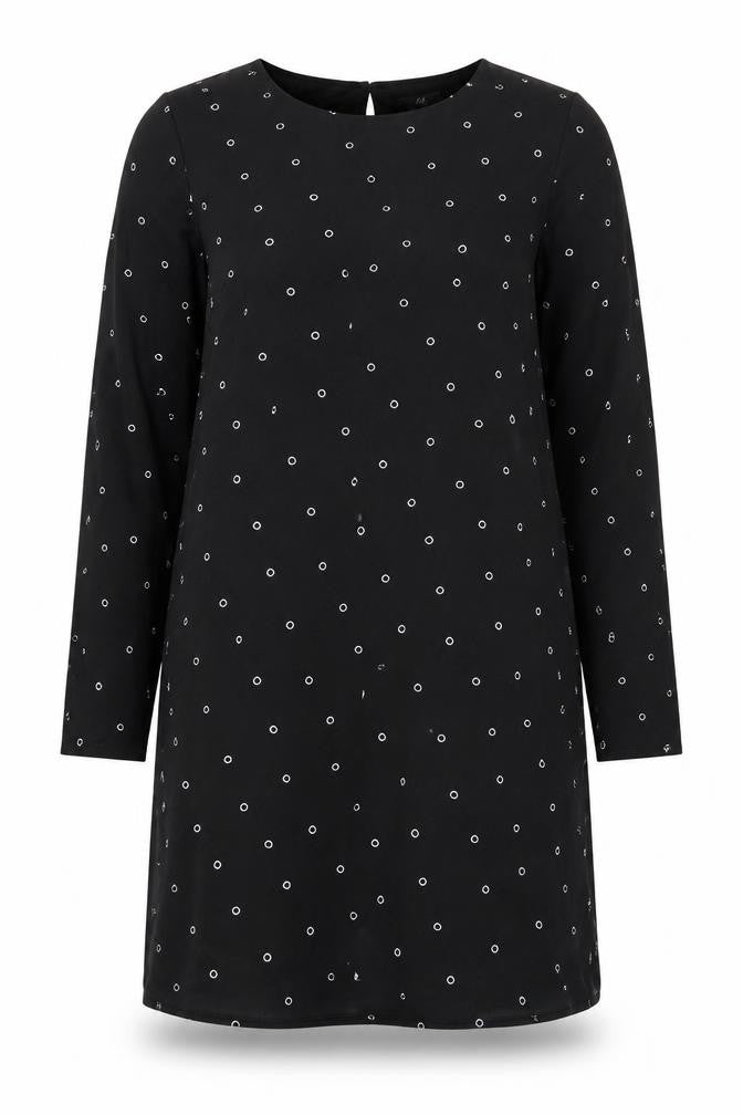 Front view of H&M women’s multicoloured geometric polyester shift, size UK 12, boat neck