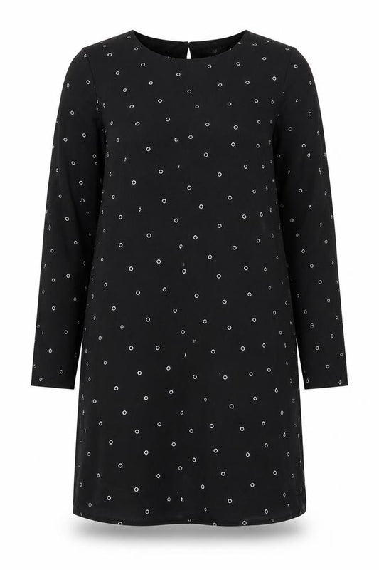 Front view of H&M women’s multicoloured geometric polyester shift, size UK 12, boat neck