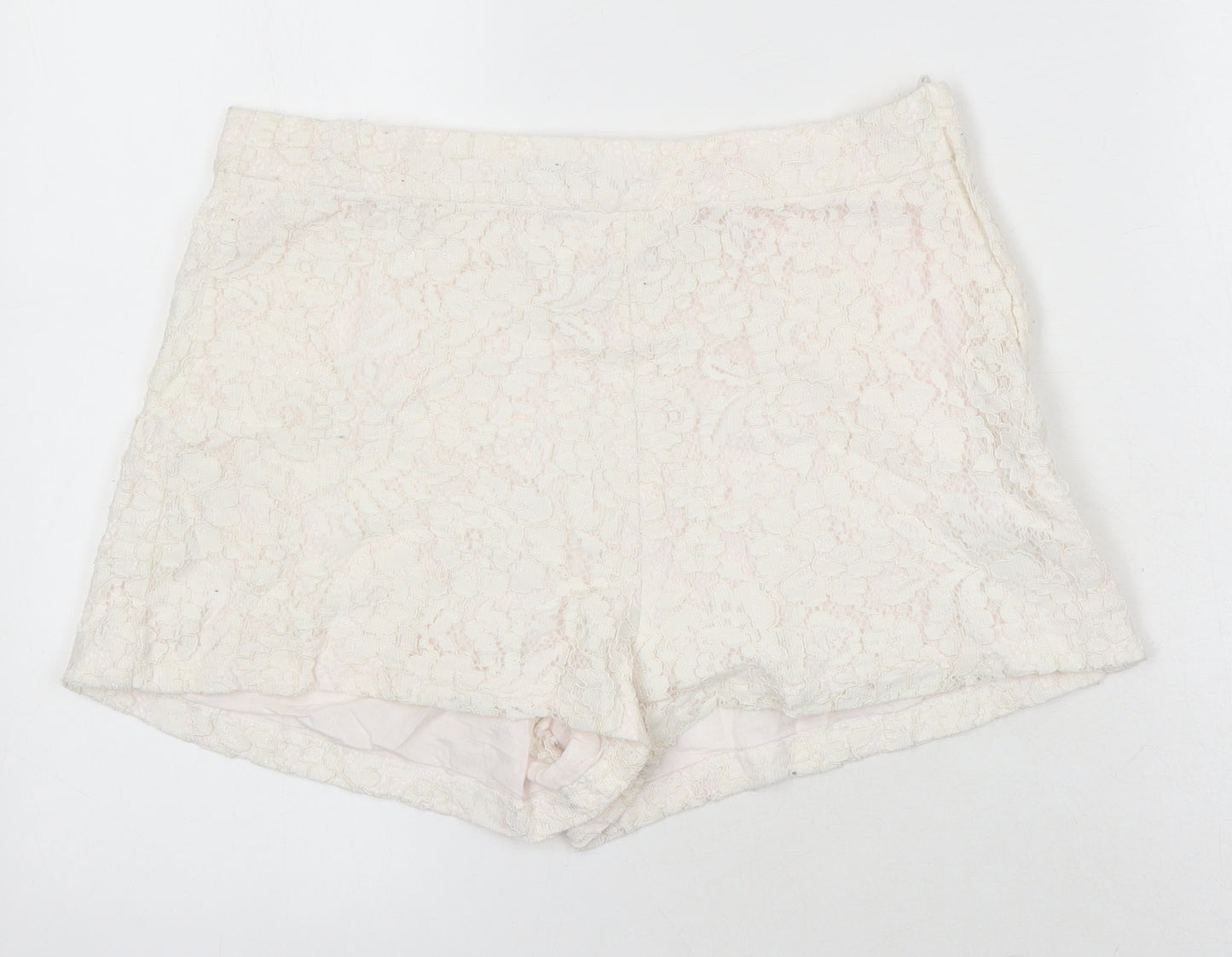 New Look Womens Ivory Polyamide Hot Pants Shorts Size 12 Regular Zip - Lace Overlay