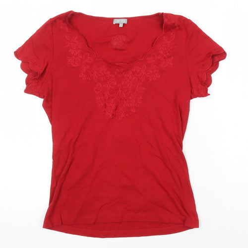 Per Una Womens Red Cotton Tunic T-Shirt Size 12 Scoop Neck - Embroidered Flowers