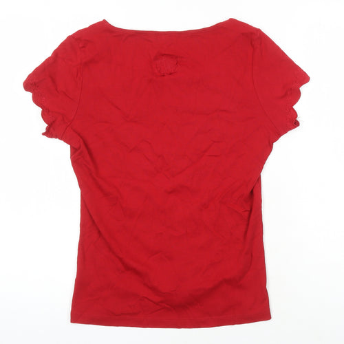 Per Una Womens Red Cotton Tunic T-Shirt Size 12 Scoop Neck - Embroidered Flowers